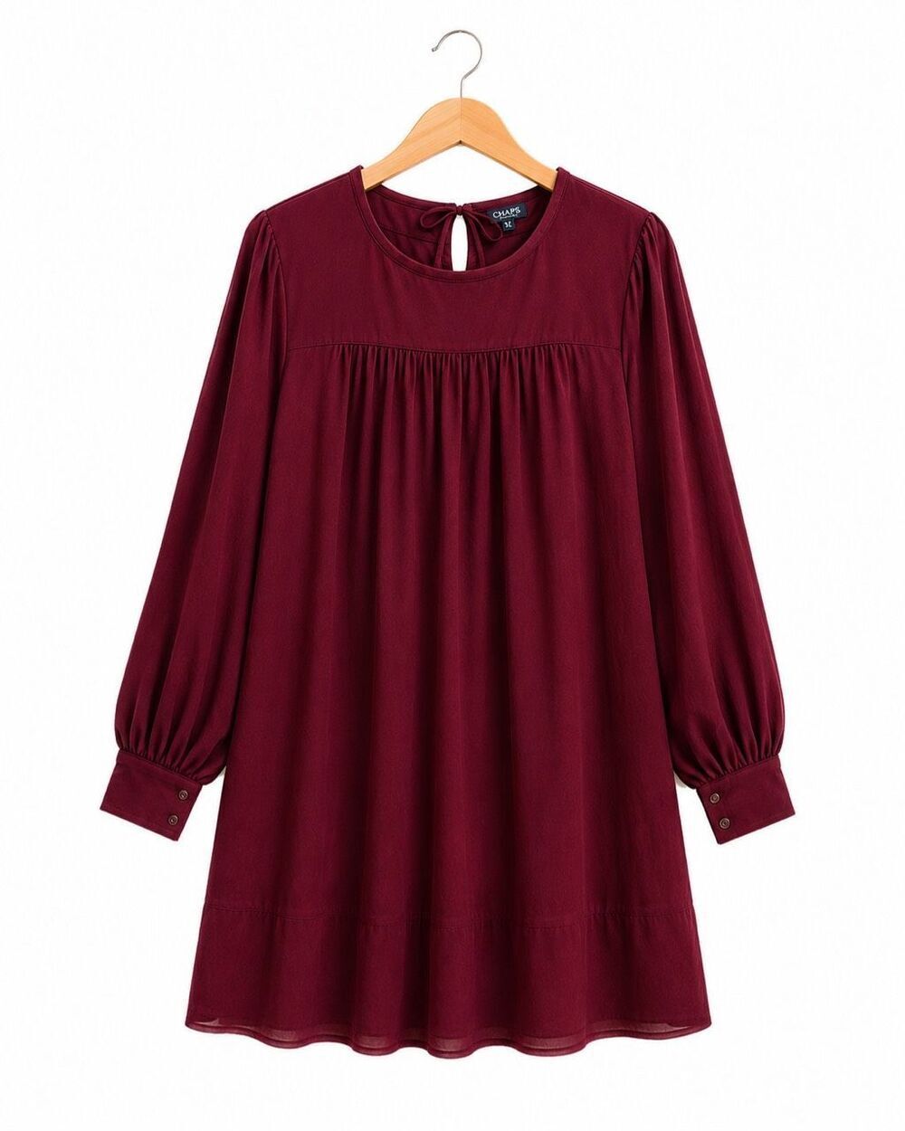 Chaps Burgundy Rayon Shift Dress XL 16 | Long Sleeve | Keyhole Back | Boho Chic
